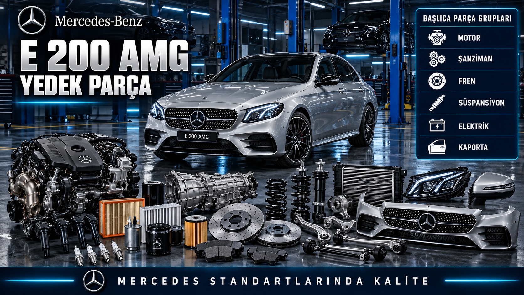 Mercedes E 200 AMG motor bakım, fren, yürüyen aksam ve AMG gövde parçaları
