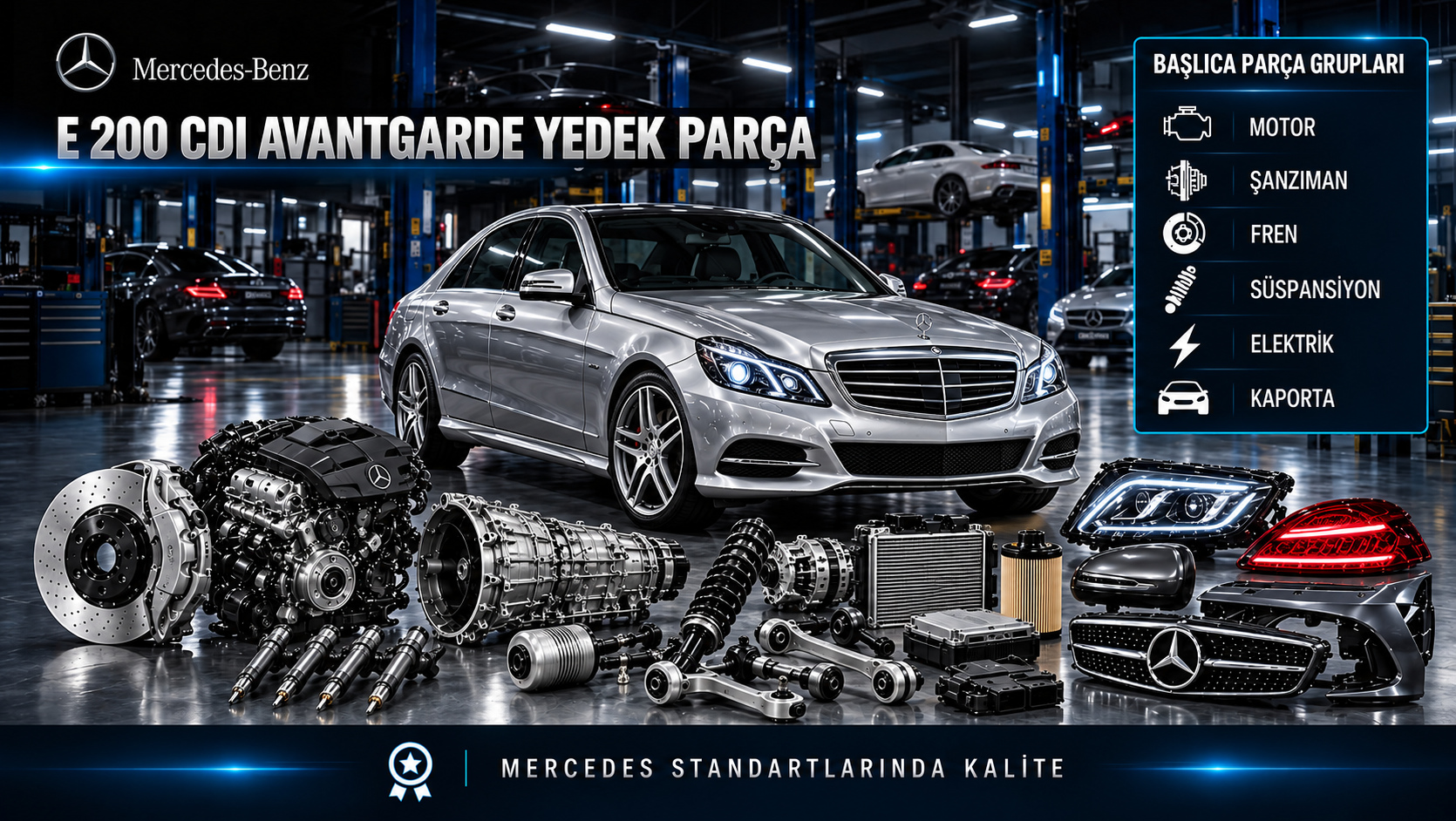 Mercedes-Benz E 200 CDI Avantgarde için dizel motor, yakıt, filtre, soğutma, fren ve konfor parçalarını gösteren kategori görseli