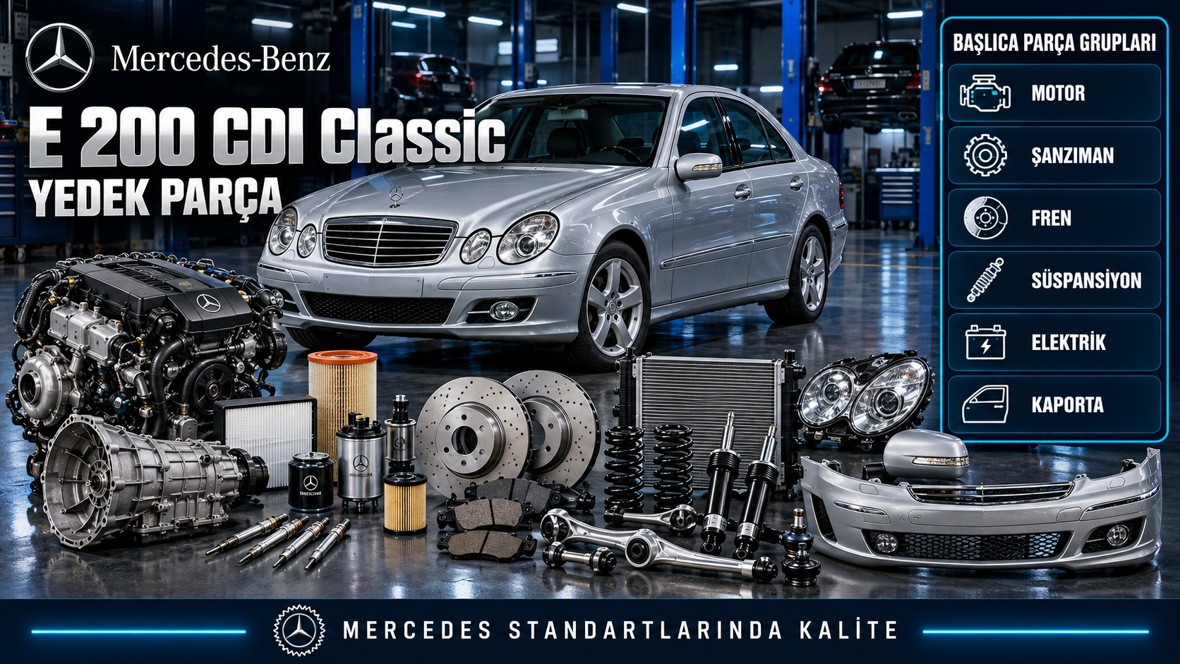 Mercedes E 200 CDI Classic dizel bakım, kızdırma, fren ve süspansiyon parçaları