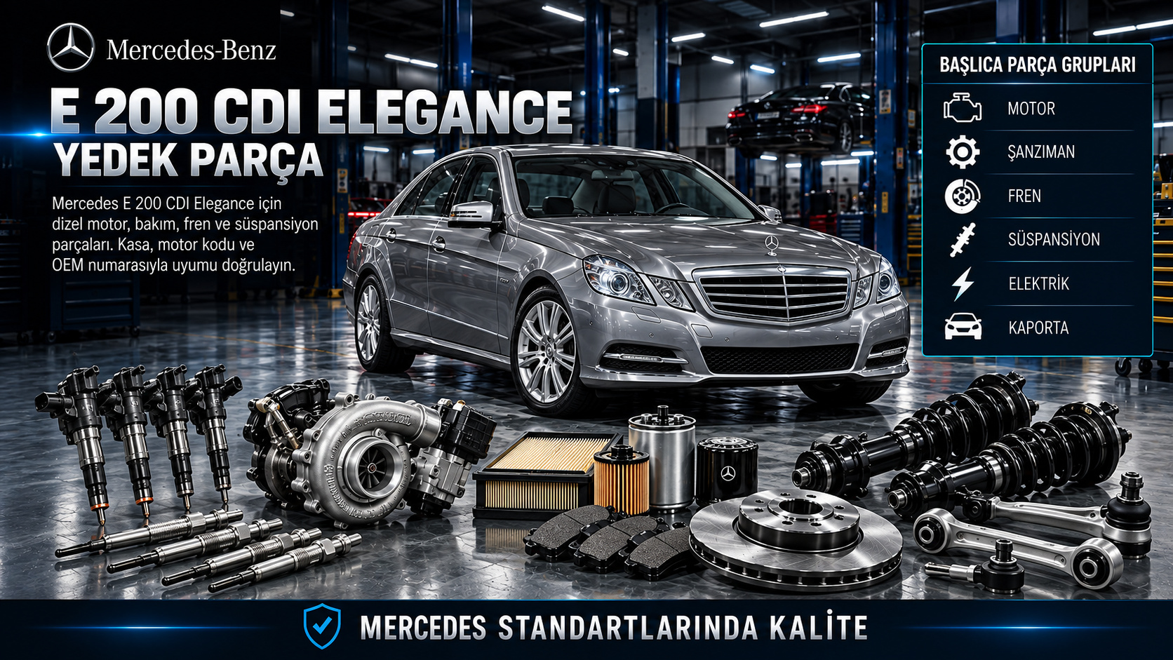Mercedes-Benz E 200 CDI Elegance dizel motor, enjektör, kızdırma, filtre, fren ve süspansiyon parçaları