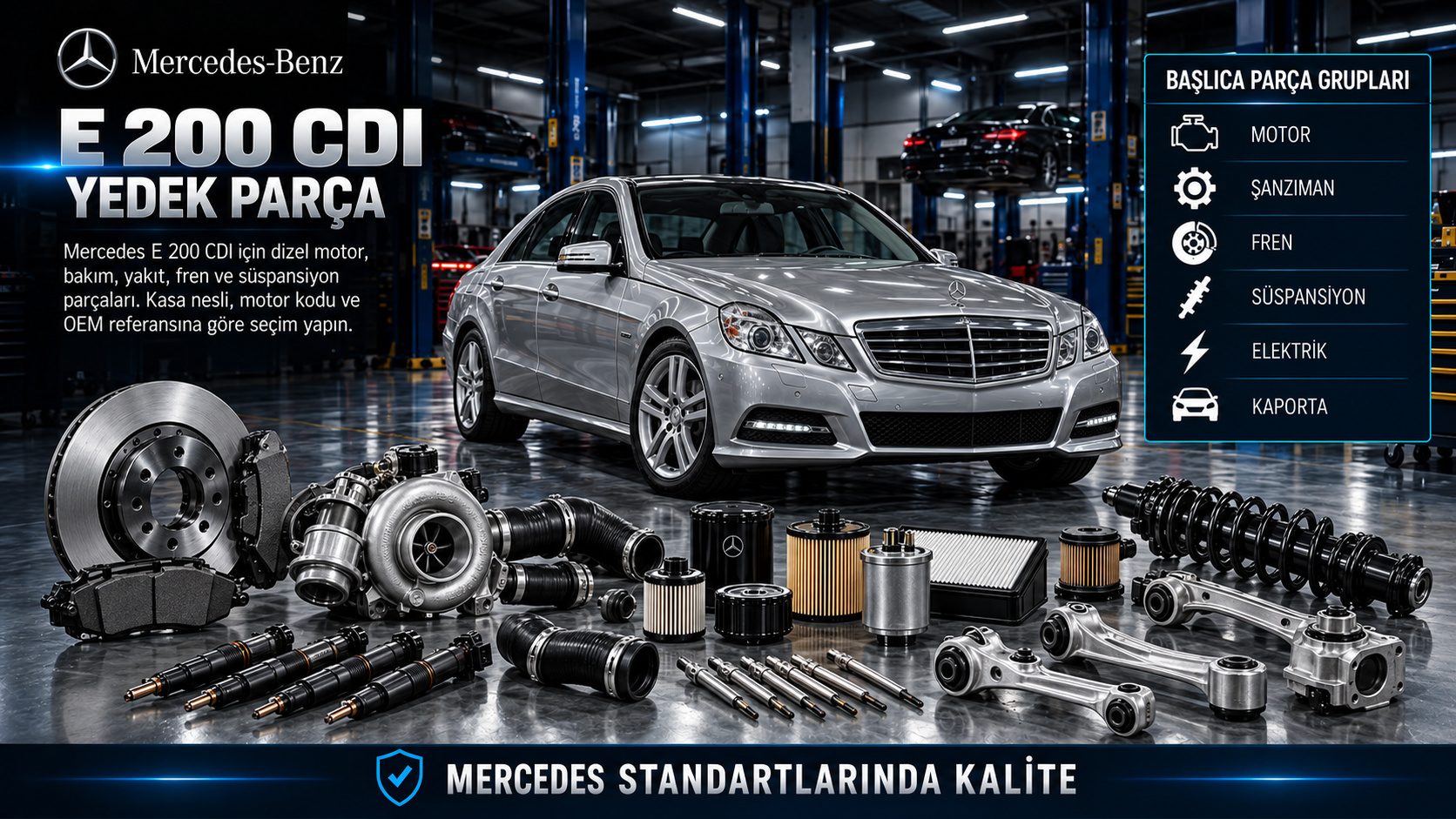 Mercedes-Benz E 200 CDI ve dizel yedek parça gruplarını gösteren kategori görseli