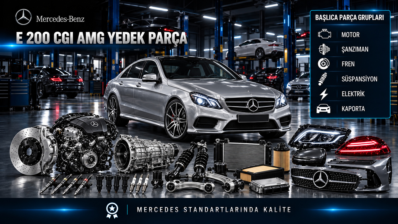 Mercedes-Benz E 200 CGI AMG için benzinli motor, yakıt enjeksiyonu, ateşleme, fren ve AMG gövde parçalarını gösteren kategori görseli