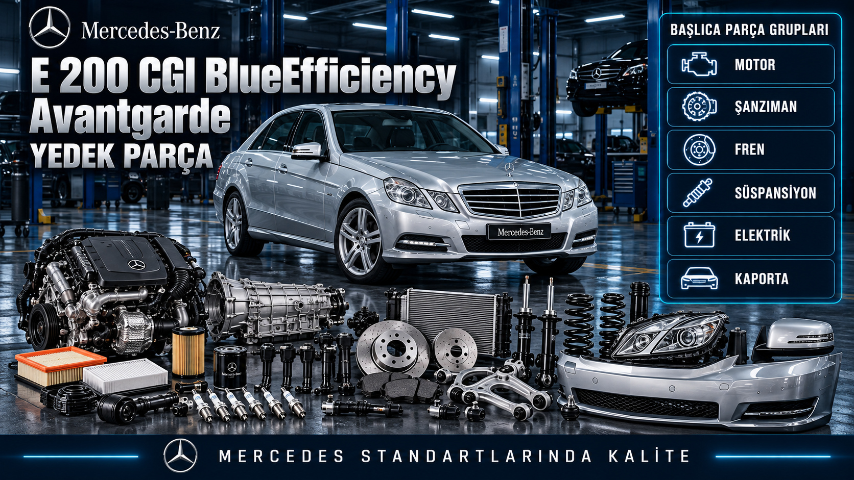 Mercedes E 200 CGI BlueEfficiency Avantgarde motor, ateşleme, fren ve gövde parçaları