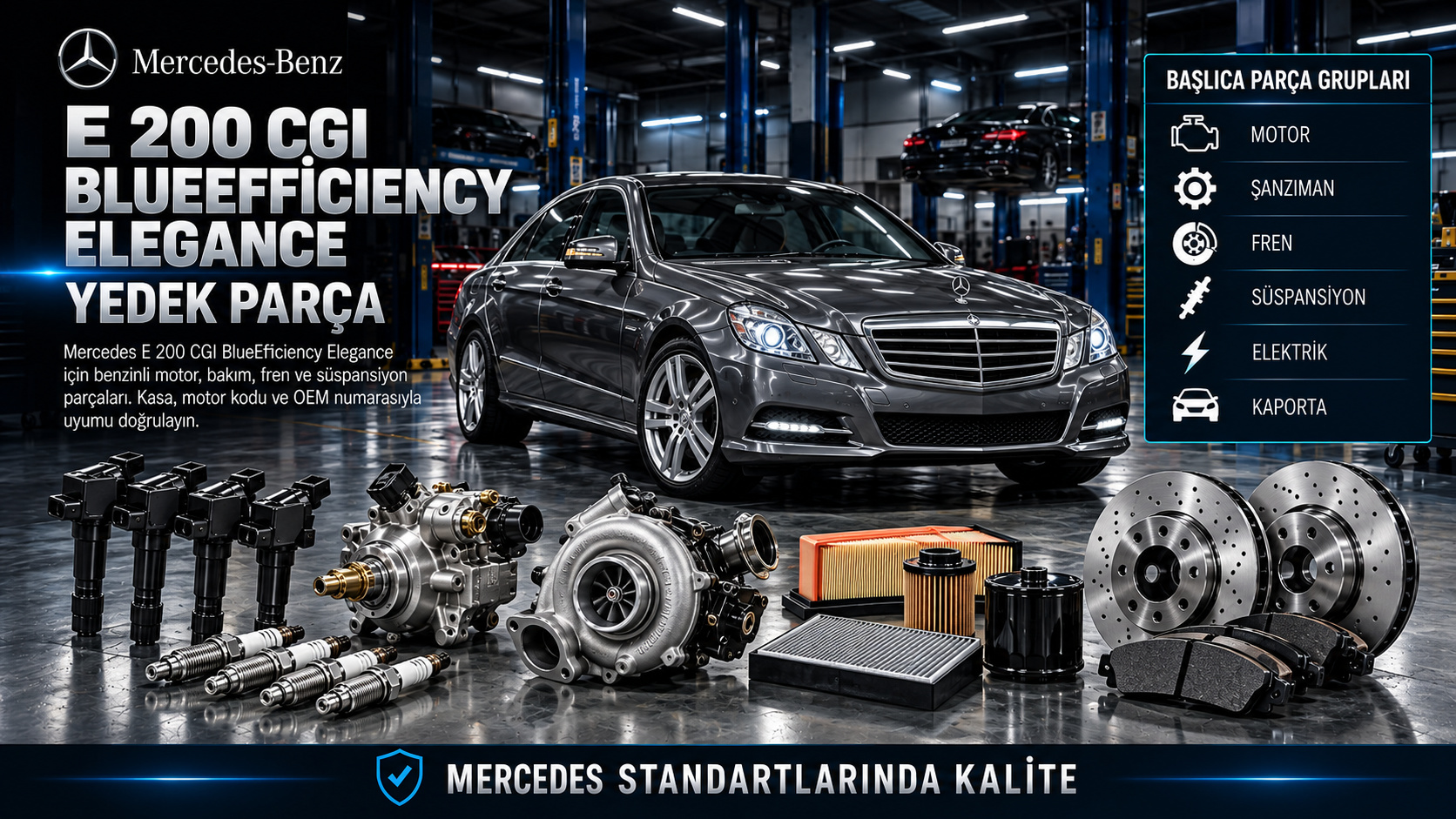 Mercedes-Benz E 200 CGI BlueEfficiency Elegance benzinli motor, ateşleme, yakıt, bakım ve şasi parçaları
