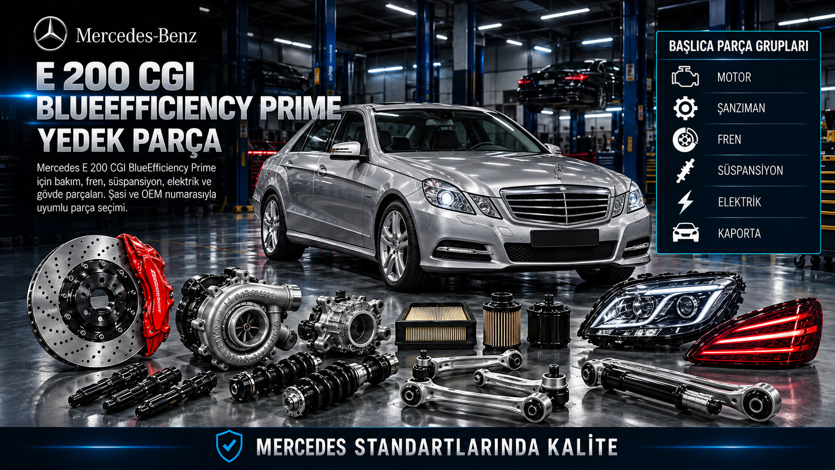 Mercedes E 200 CGI BlueEfficiency Prime benzinli motor, enjeksiyon, ateşleme, şanzıman ve fren parçaları