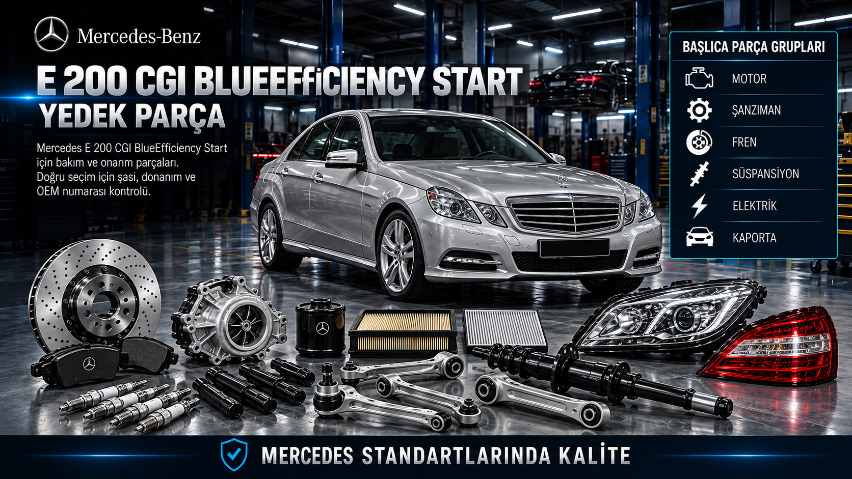 Mercedes E 200 CGI BlueEfficiency Start benzinli motor, ateşleme, şanzıman, fren ve süspansiyon parçaları