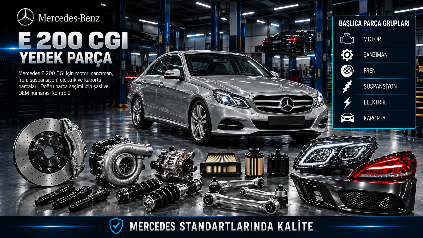 Mercedes E 200 CGI benzinli motor ateşleme fren ve bakım parçaları