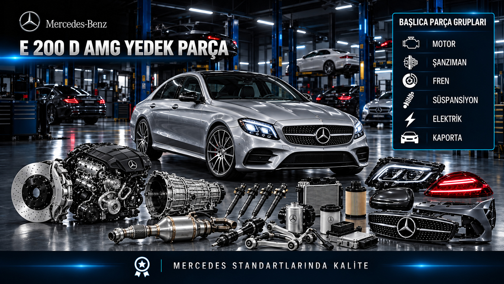 Mercedes-Benz E 200 d AMG için dizel motor, yakıt, bakım, emisyon, fren ve AMG gövde parçalarını gösteren kategori görseli