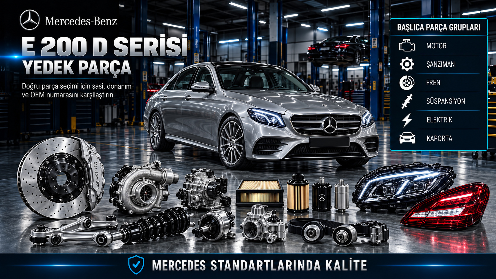 Mercedes E 200 d dizel motor, soğutma, emisyon, aktarma, fren ve aydınlatma parçaları