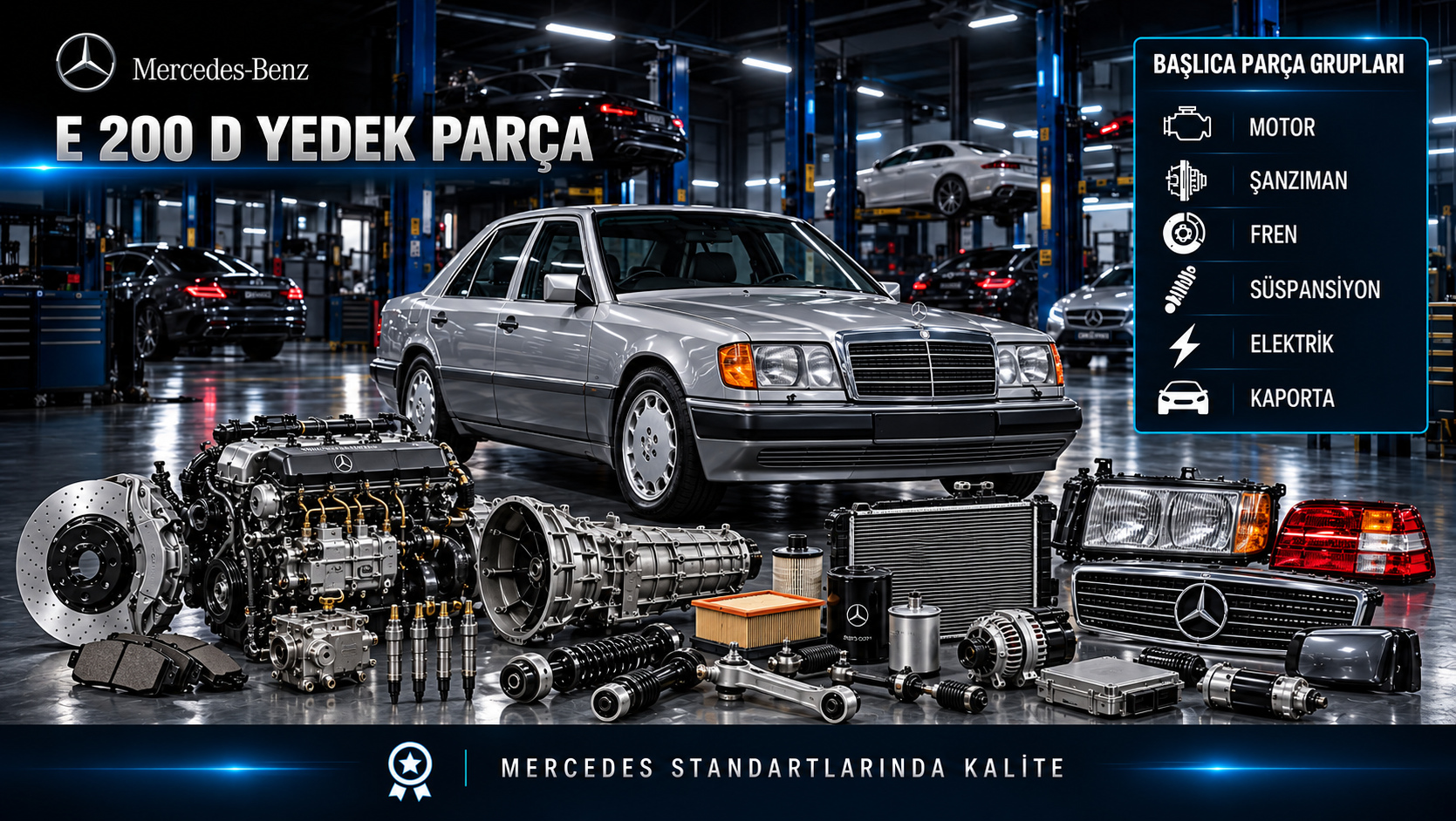 Mercedes-Benz E 200 D için dizel motor, yakıt besleme, bakım, soğutma, fren ve klasik gövde parçalarını gösteren kategori görseli
