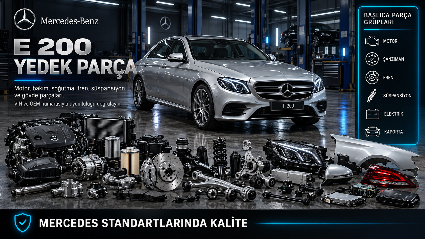 Mercedes-Benz E 200 motor, bakım, soğutma, fren, süspansiyon ve gövde parçaları