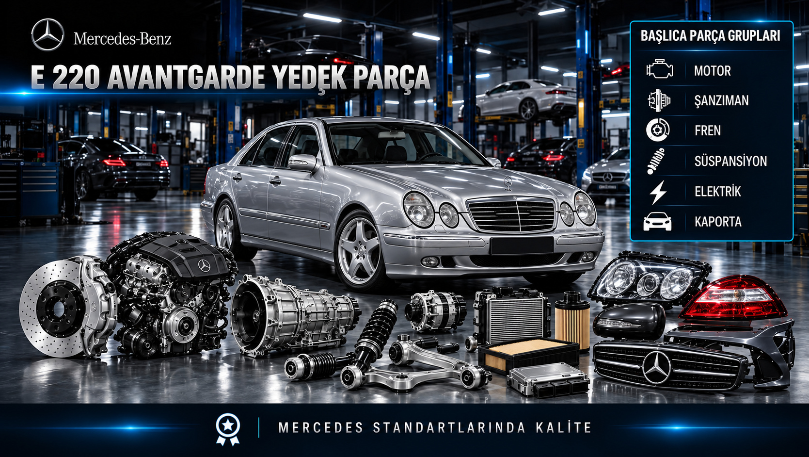 Mercedes-Benz E 220 Avantgarde için motor, bakım, soğutma, fren, süspansiyon, gövde ve iç trim parçalarını gösteren kategori görseli
