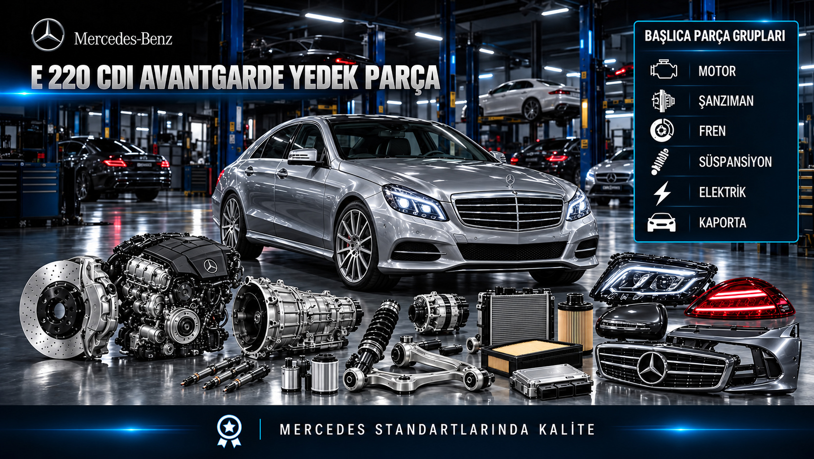 Mercedes-Benz E 220 CDI Avantgarde için dizel motor, bakım, yakıt, soğutma, fren ve konfor parçalarını gösteren kategori görseli