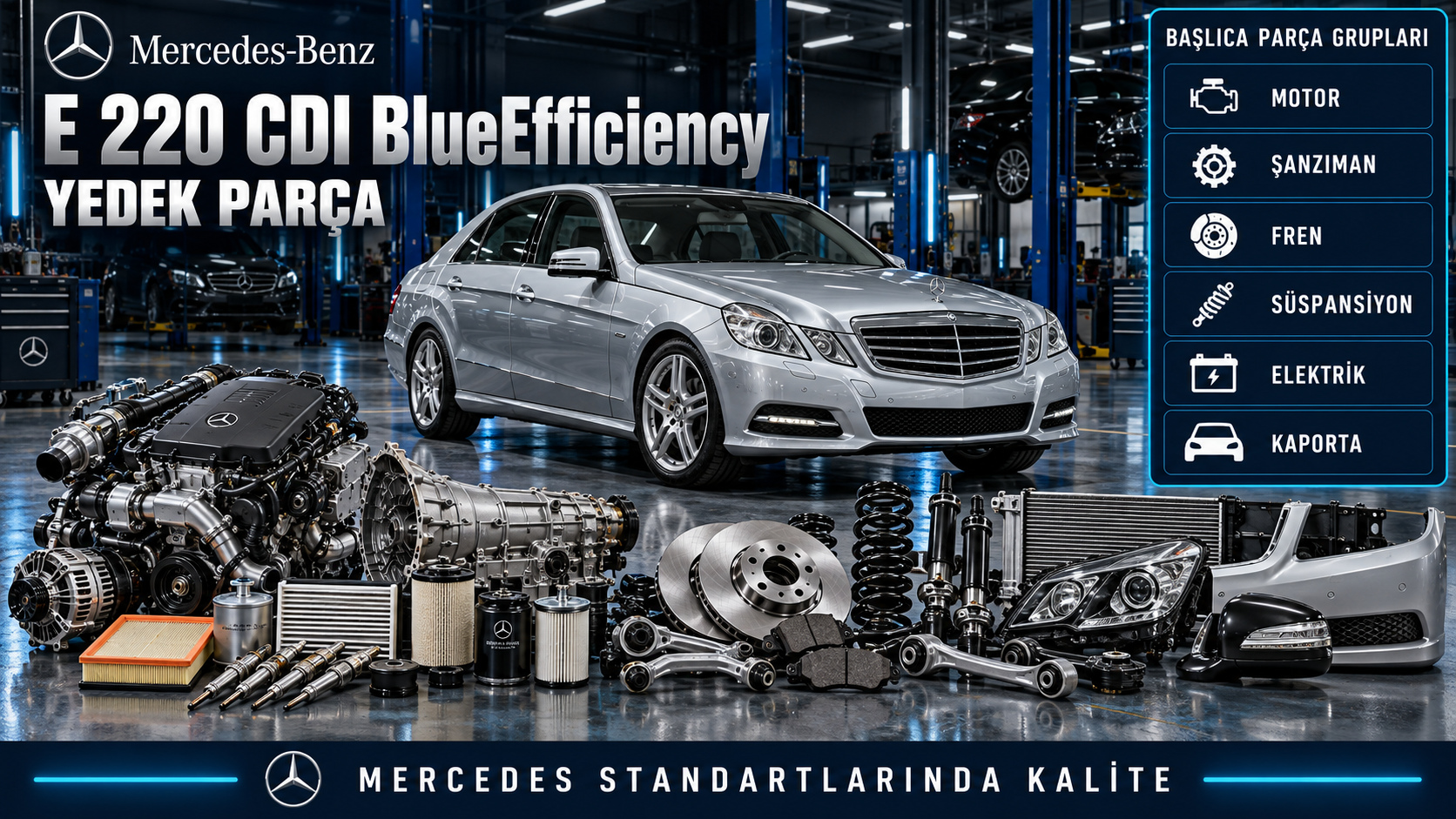 Mercedes E 220 CDI BlueEfficiency dizel motor, filtre, fren ve süspansiyon parçaları