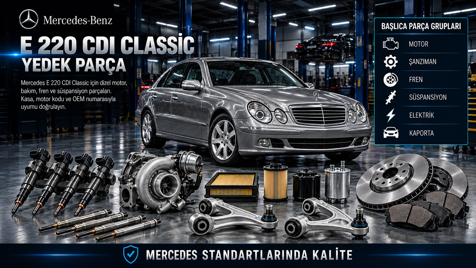 Mercedes-Benz E 220 CDI Classic dizel motor, yakıt, kızdırma, bakım, fren ve süspansiyon parçaları