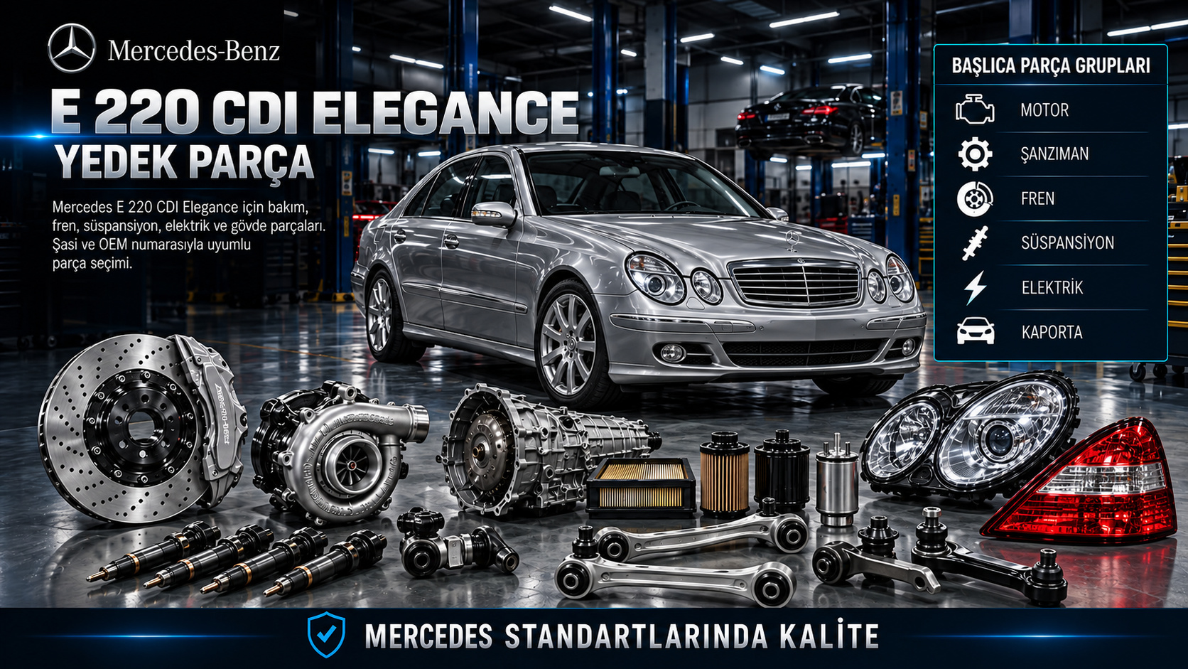 Mercedes E 220 CDI Elegance dizel motor, enjektör, filtre, şanzıman, fren, süspansiyon ve kaporta parçaları