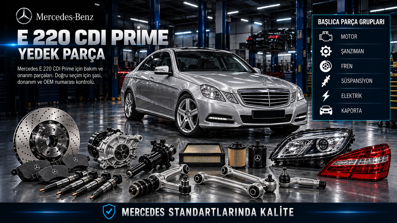 Mercedes E 220 CDI Prime dizel motor, yakıt filtresi, fren, ön takım ve gövde parçaları