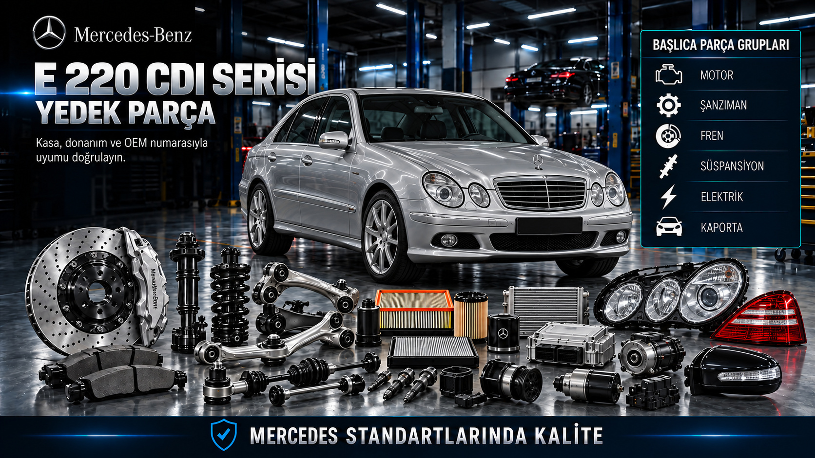 Mercedes E 220 CDI dizel motor, enjektör, filtre, şanzıman, fren ve gövde parçaları