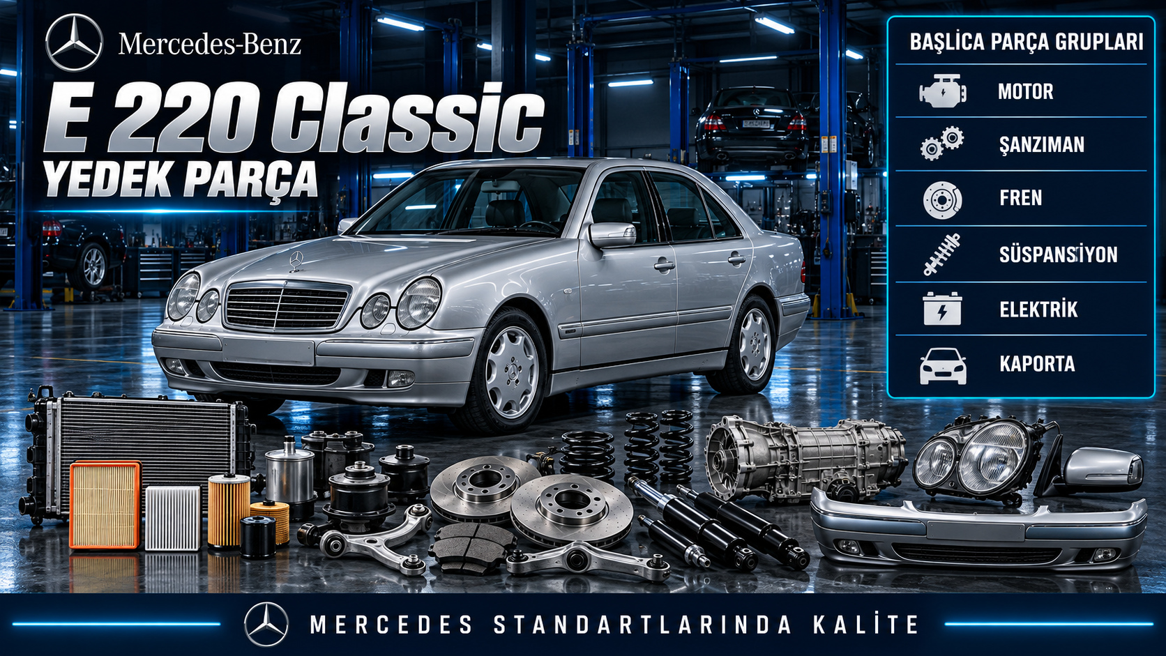 Mercedes E 220 Classic motor bakım, fren, süspansiyon ve gövde parçaları