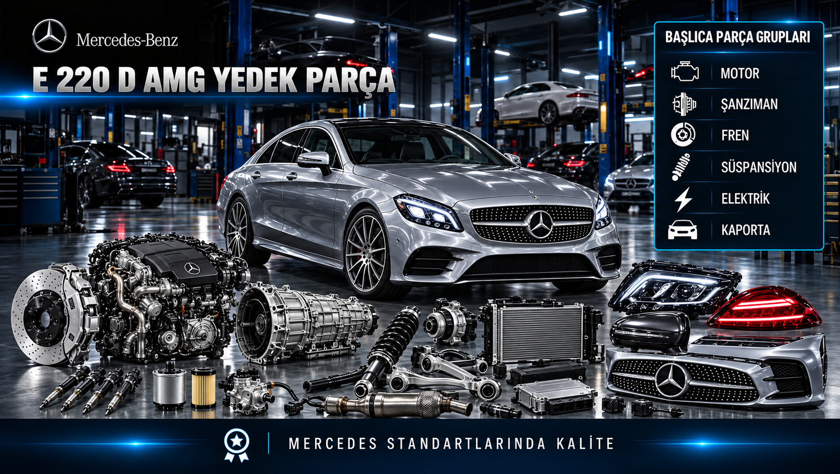 Mercedes-Benz E 220 d AMG için dizel motor, yakıt, bakım, emisyon, fren ve AMG gövde parçalarını gösteren kategori görseli