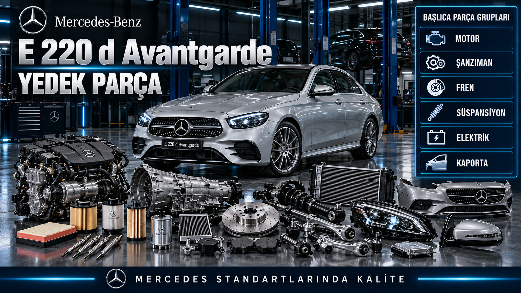 Mercedes E 220 d Avantgarde dizel bakım, fren, süspansiyon ve aydınlatma parçaları