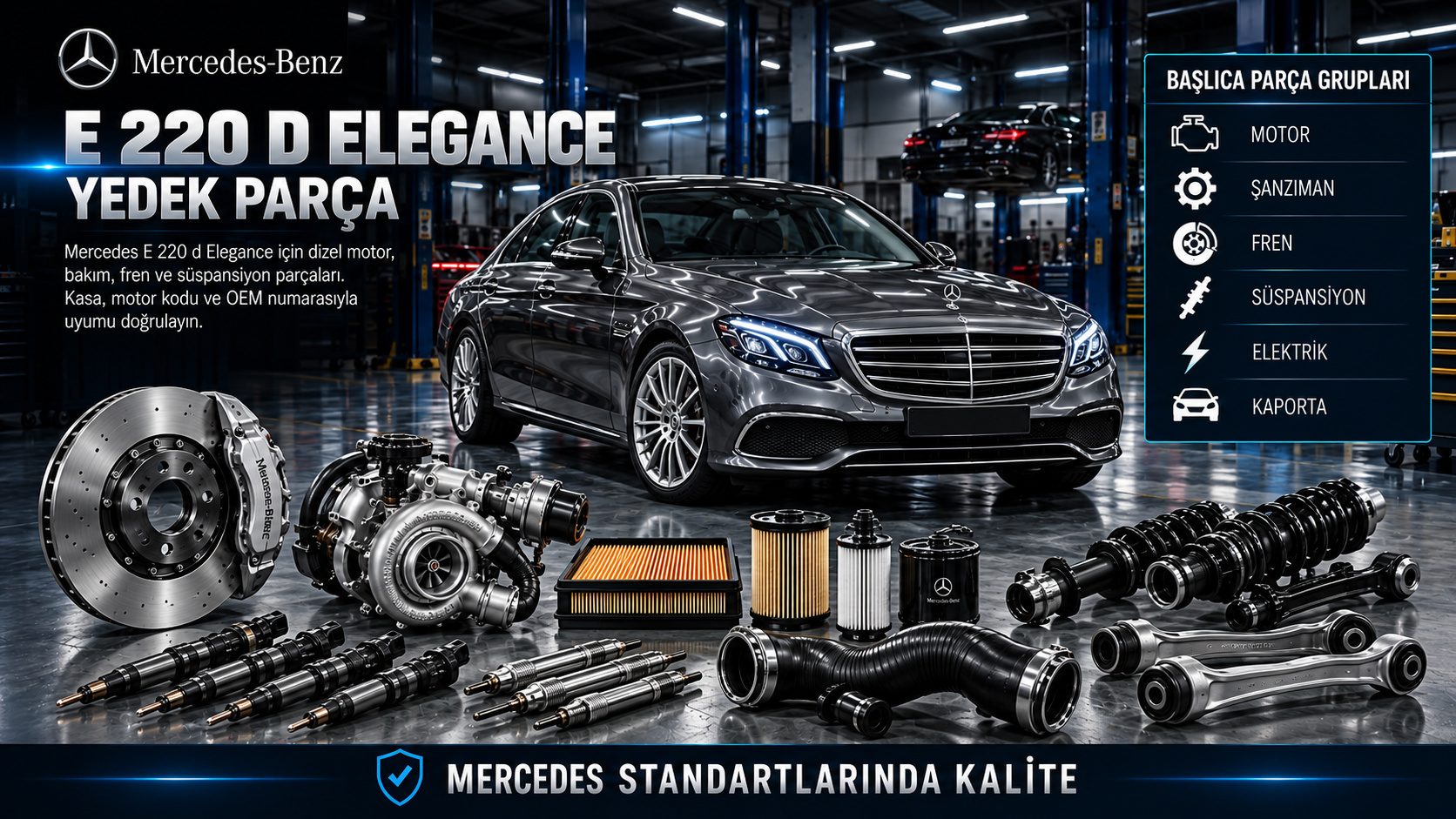Mercedes-Benz E 220 d Elegance dizel motor, bakım, emisyon, fren, süspansiyon ve gövde parçaları