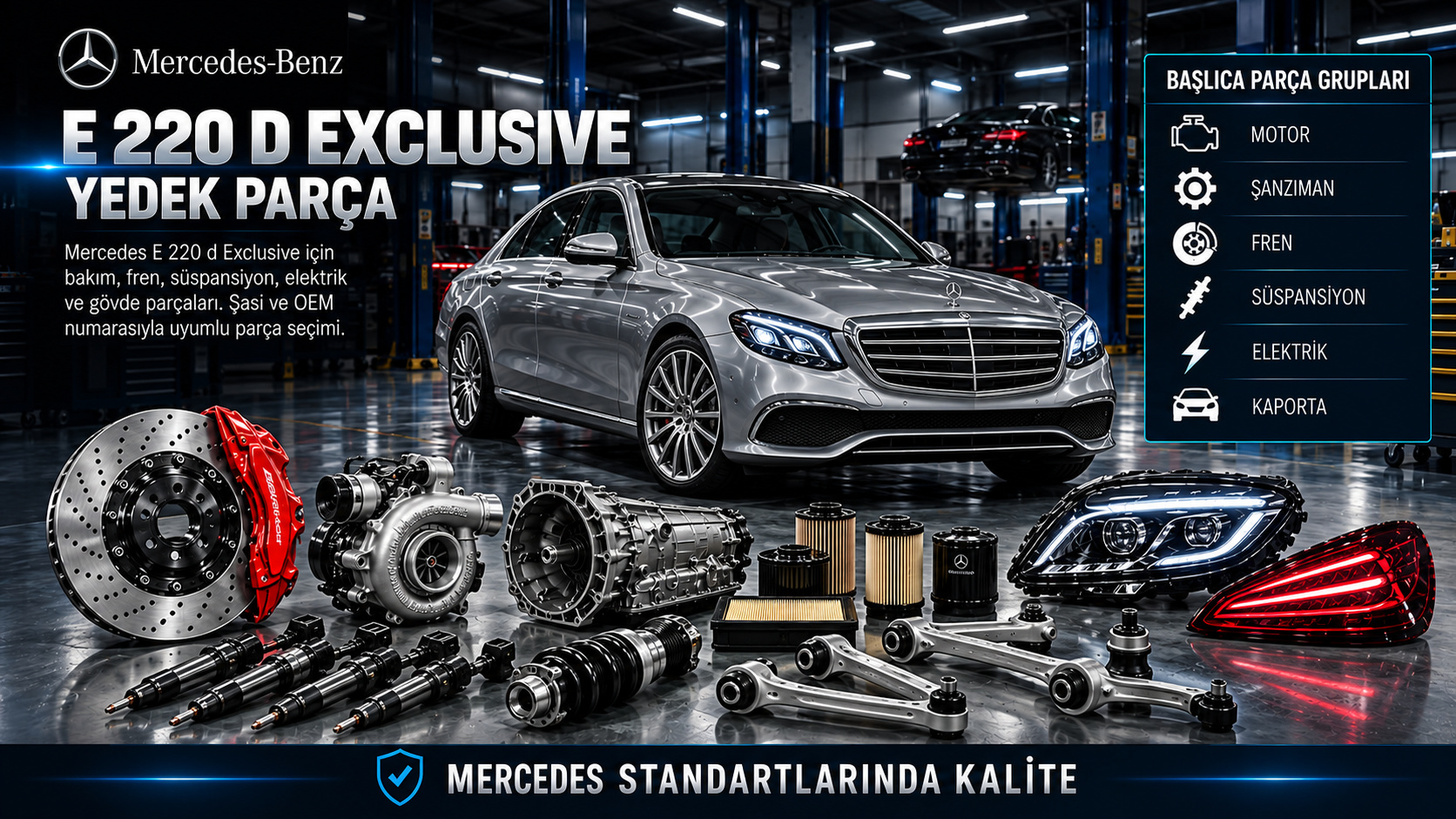 Mercedes E 220 d Exclusive dizel motor, yakıt ve emisyon sistemi, şanzıman, fren ve gövde parçaları