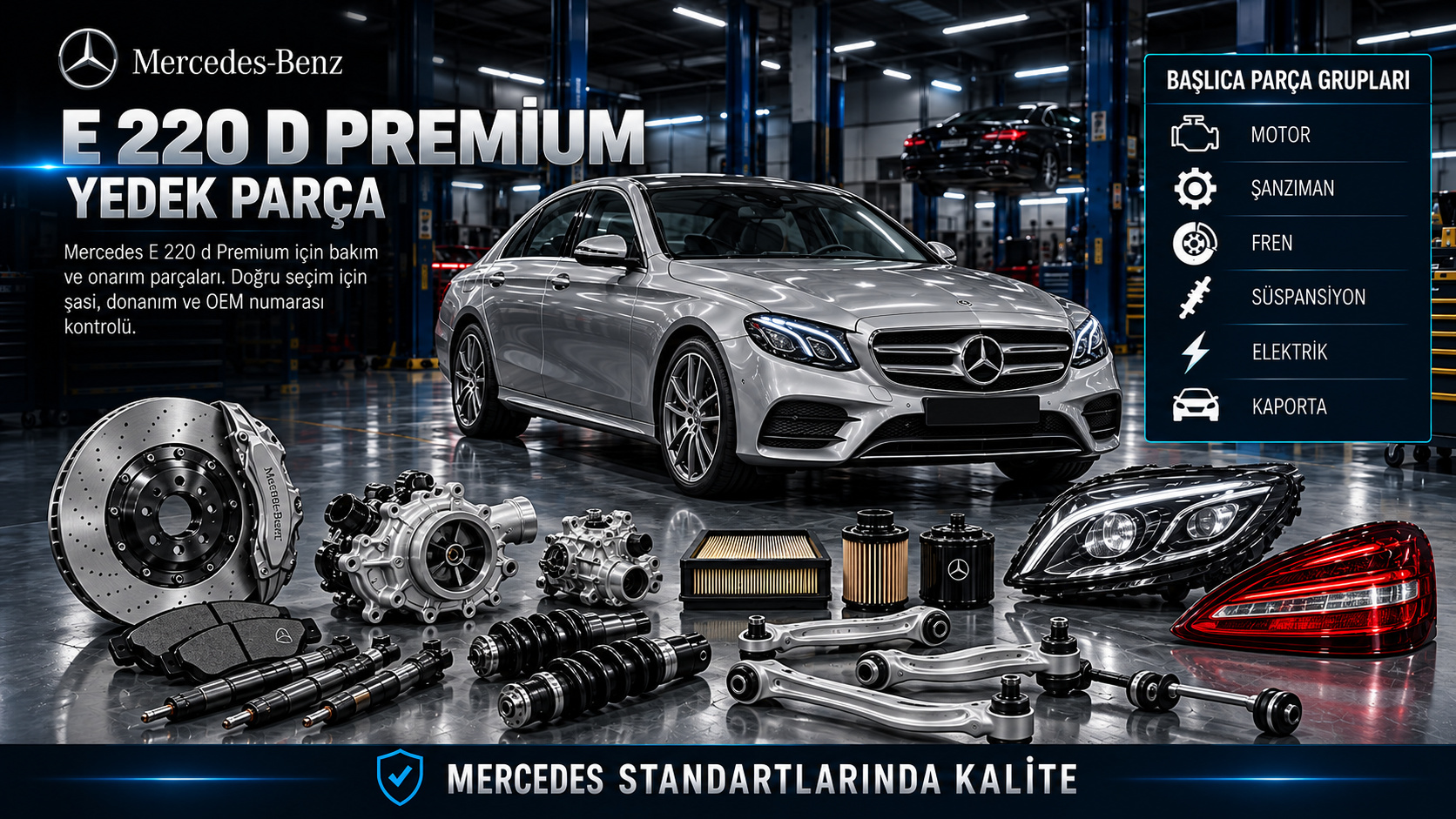 Mercedes E 220 d Premium dizel motor, elektronik, fren, süspansiyon ve gövde parçaları