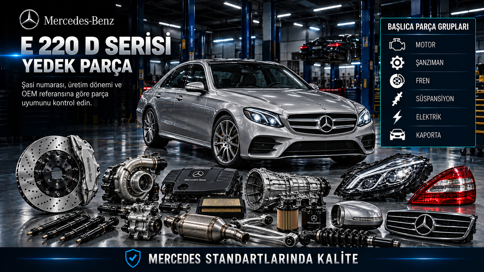 Mercedes E 220 d dizel motor, şanzıman, fren, süspansiyon ve gövde parçaları