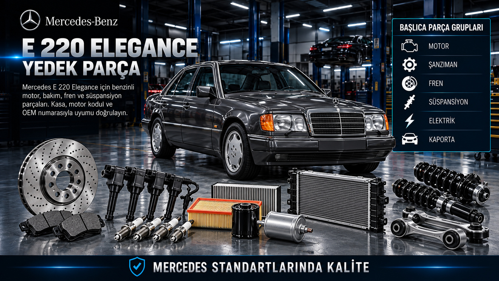 Mercedes-Benz E 220 Elegance kategorisi için motor, bakım, soğutma, fren, süspansiyon ve gövde parçaları