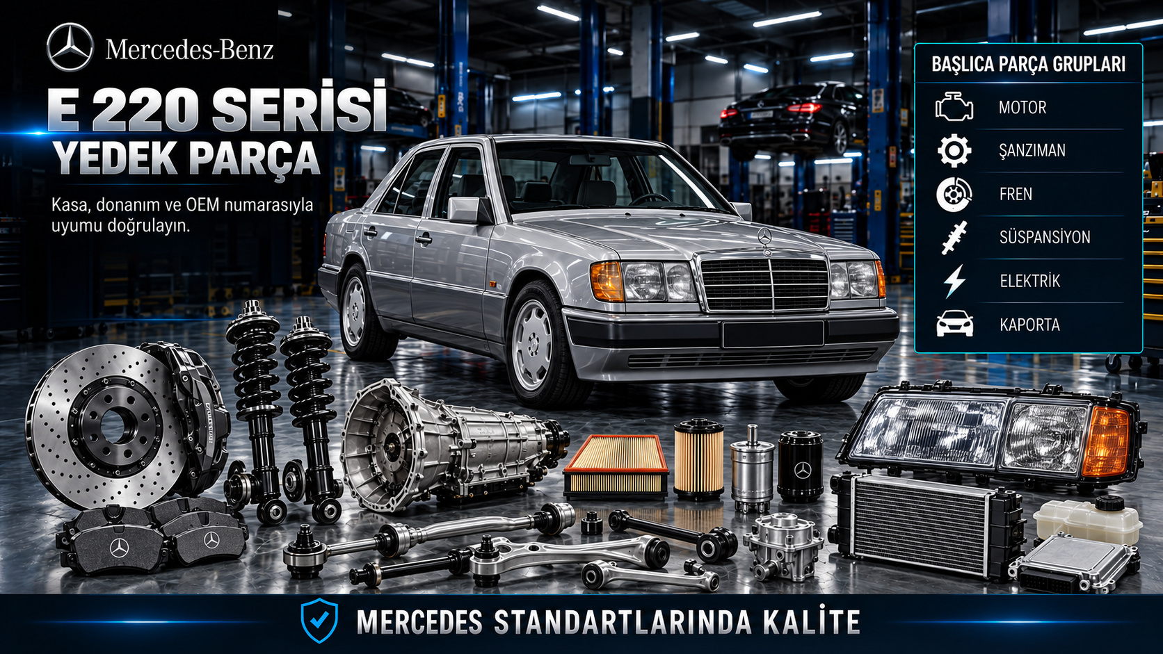 Mercedes E 220 motor, yakıt, şanzıman, fren, süspansiyon ve gövde parçaları