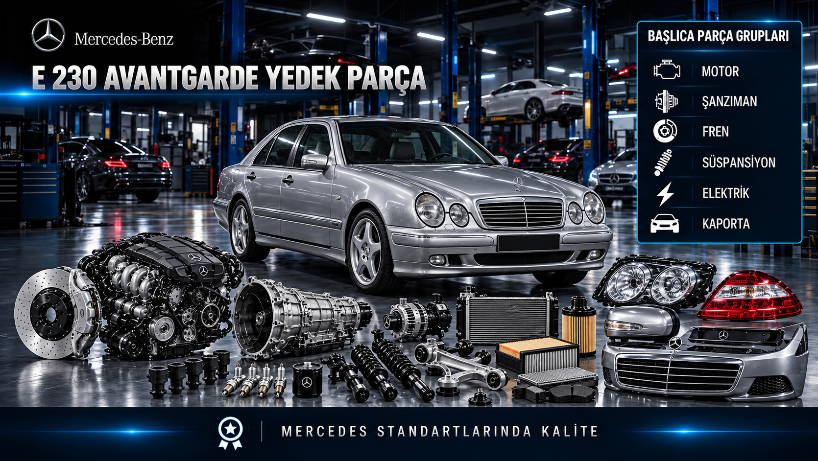 Mercedes-Benz E 230 Avantgarde için benzinli motor, ateşleme, bakım, soğutma, fren ve trim parçalarını gösteren kategori görseli