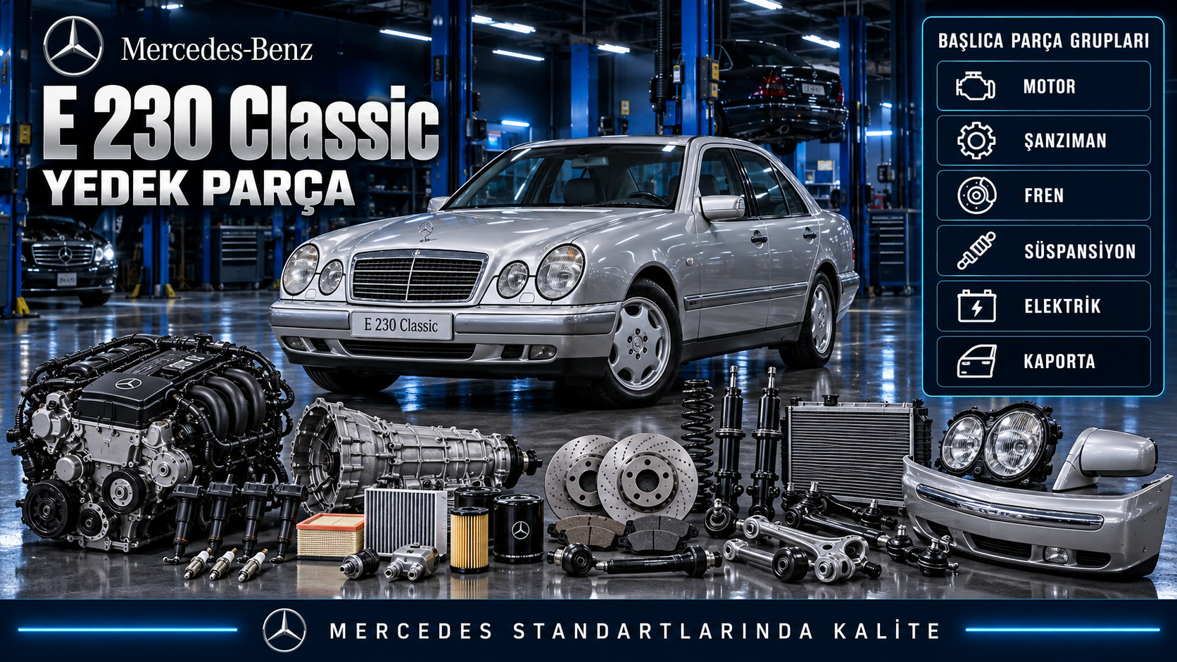 Mercedes E 230 Classic motor, ateşleme, fren ve yürüyen aksam parçaları