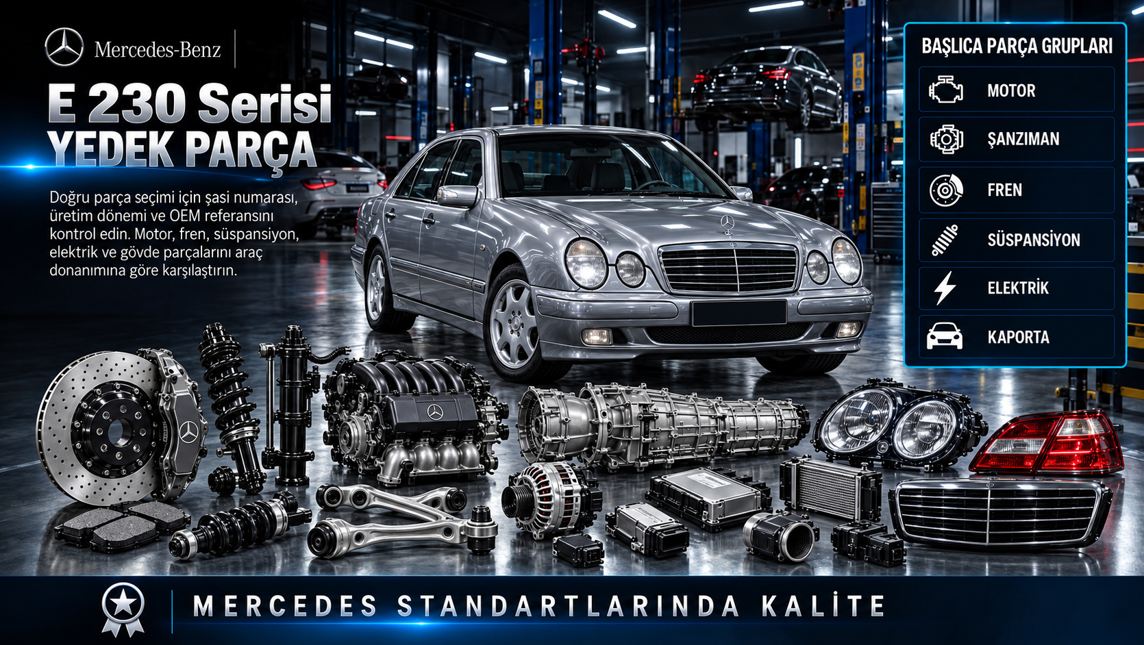 Mercedes E 230 Serisi Yedek Parça: motor, aktarma, fren, süspansiyon ve gövde parçaları