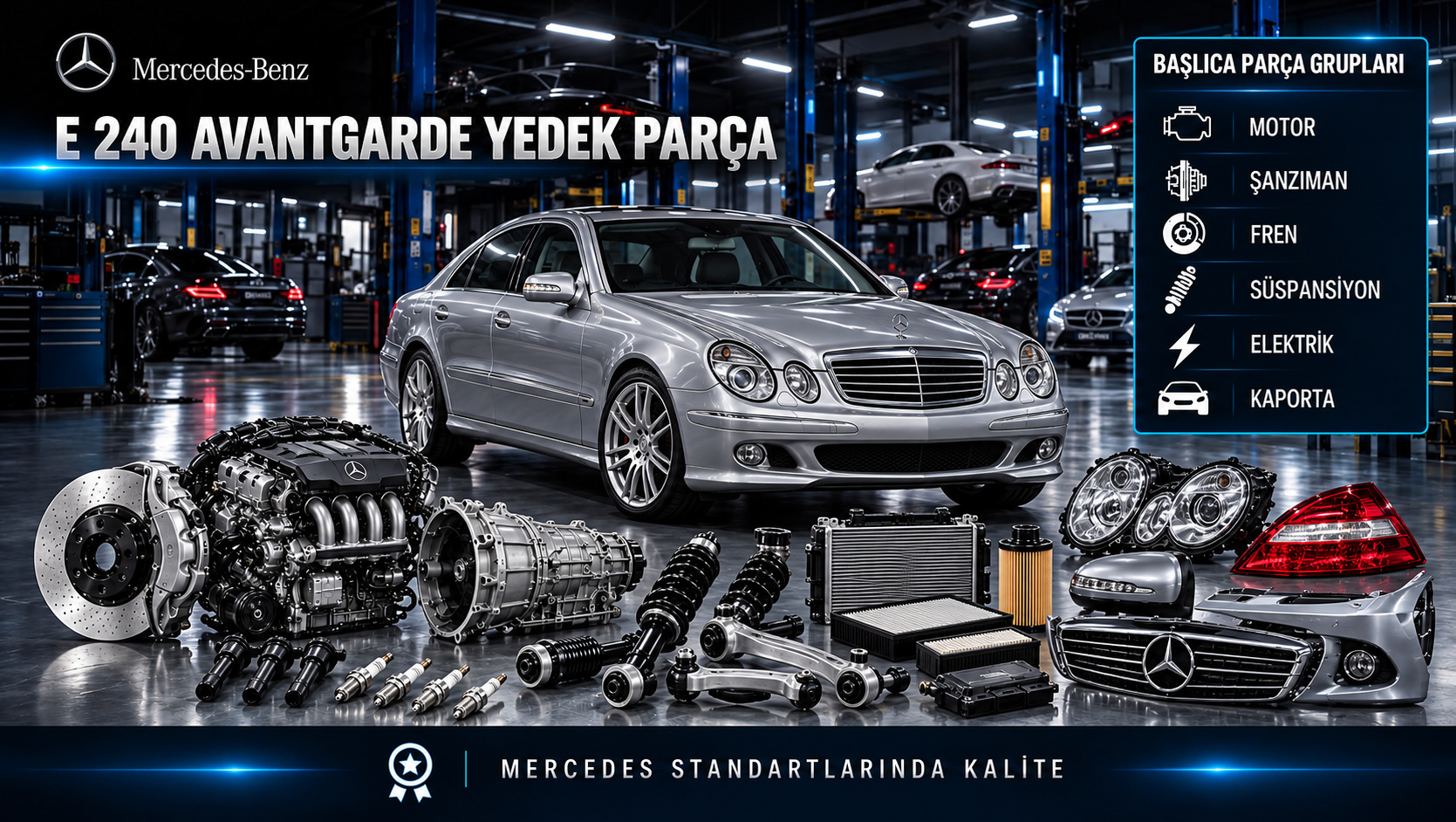 Mercedes-Benz E 240 Avantgarde için benzinli motor, ateşleme, bakım, şanzıman, fren ve konfor parçalarını gösteren kategori görseli