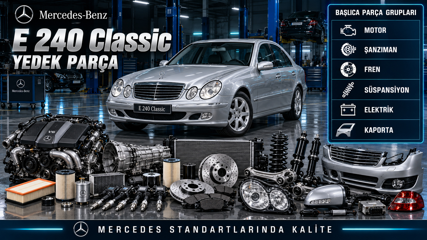 Mercedes E 240 Classic motor bakım, ateşleme, fren ve süspansiyon parçaları