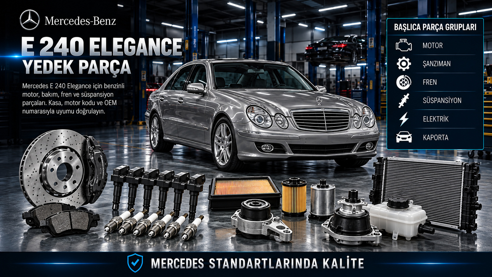 Mercedes-Benz E 240 Elegance motor, ateşleme, bakım, şanzıman, fren, süspansiyon ve konfor parçaları