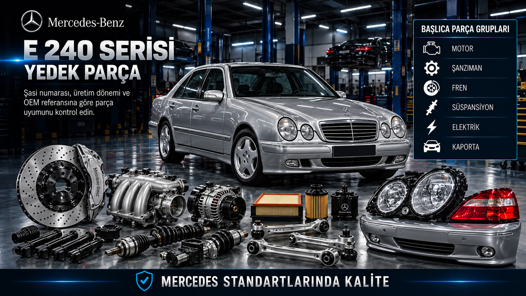 Mercedes E 240 benzinli motor, ateşleme, şanzıman, fren ve soğutma parçaları