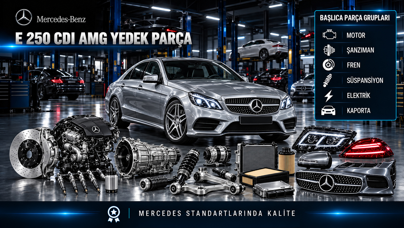 Mercedes-Benz E 250 CDI AMG için dizel motor, yakıt, bakım, soğutma, fren ve AMG gövde parçalarını gösteren kategori görseli