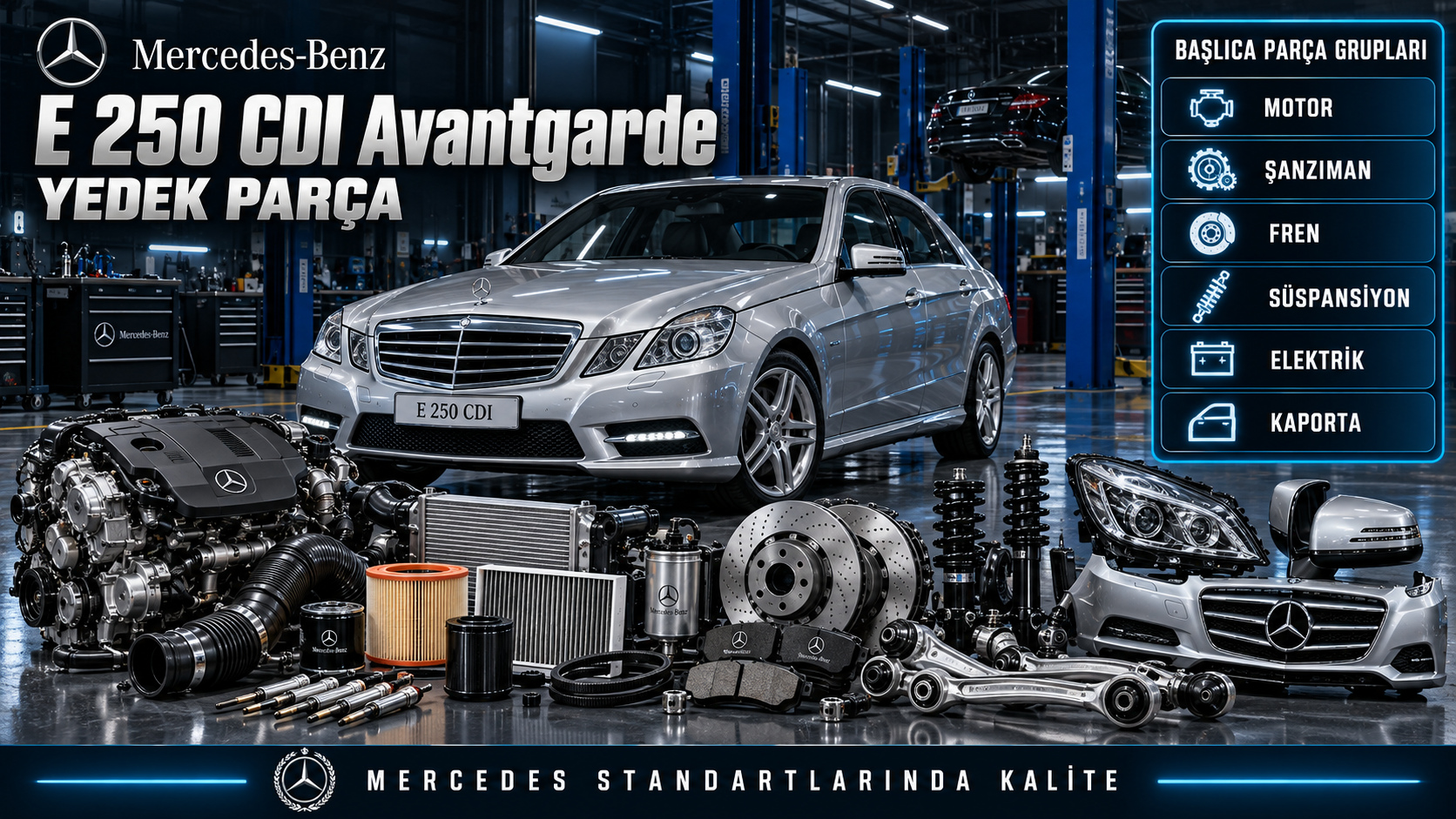 Mercedes E 250 CDI Avantgarde dizel motor, filtre, fren ve süspansiyon parçaları