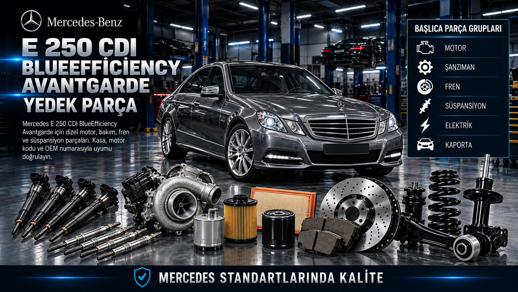 Mercedes-Benz E 250 CDI BlueEfficiency Avantgarde dizel motor, enjeksiyon, bakım, fren ve süspansiyon parçaları