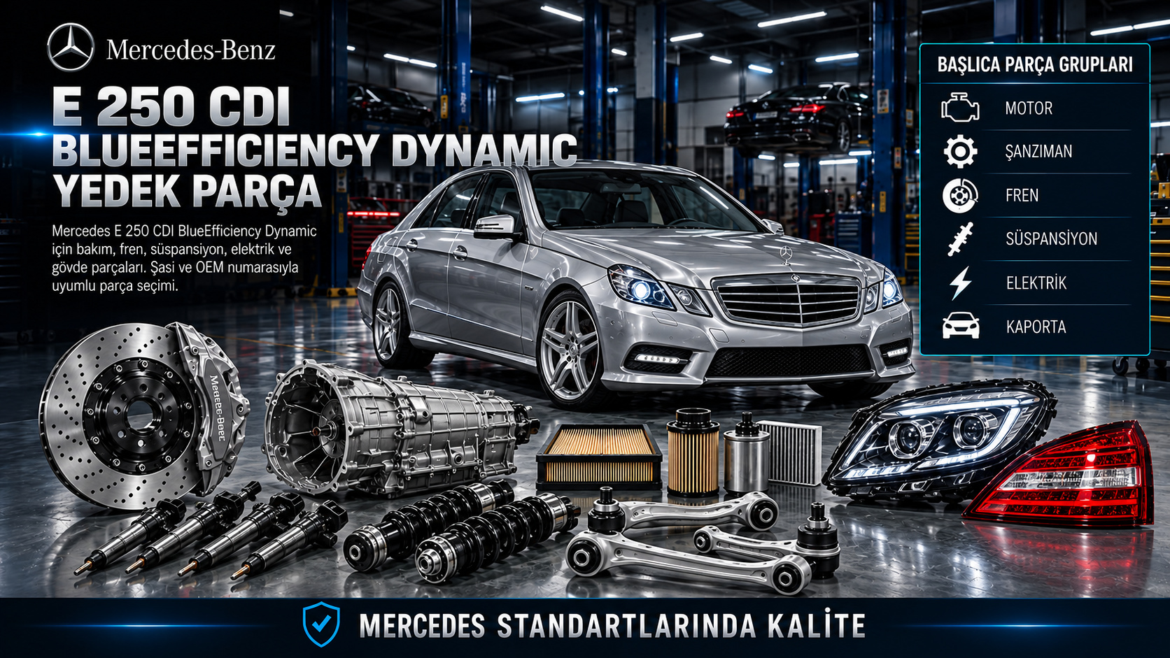 Mercedes E 250 CDI BlueEfficiency Dynamic dizel motor, enjektör, turbo, şanzıman, fren ve süspansiyon parçaları