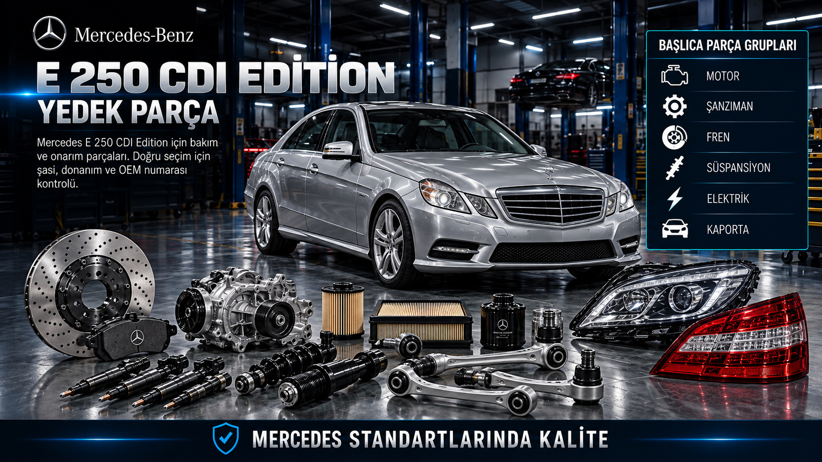 Mercedes E 250 CDI Edition dizel motor, yakıt sistemi, şanzıman, fren ve gövde parçaları