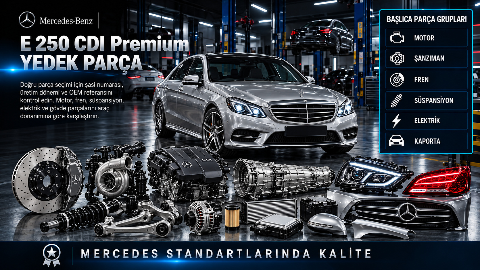 Mercedes E 250 CDI Premium Yedek Parça: motor, aktarma, fren, süspansiyon ve gövde parçaları