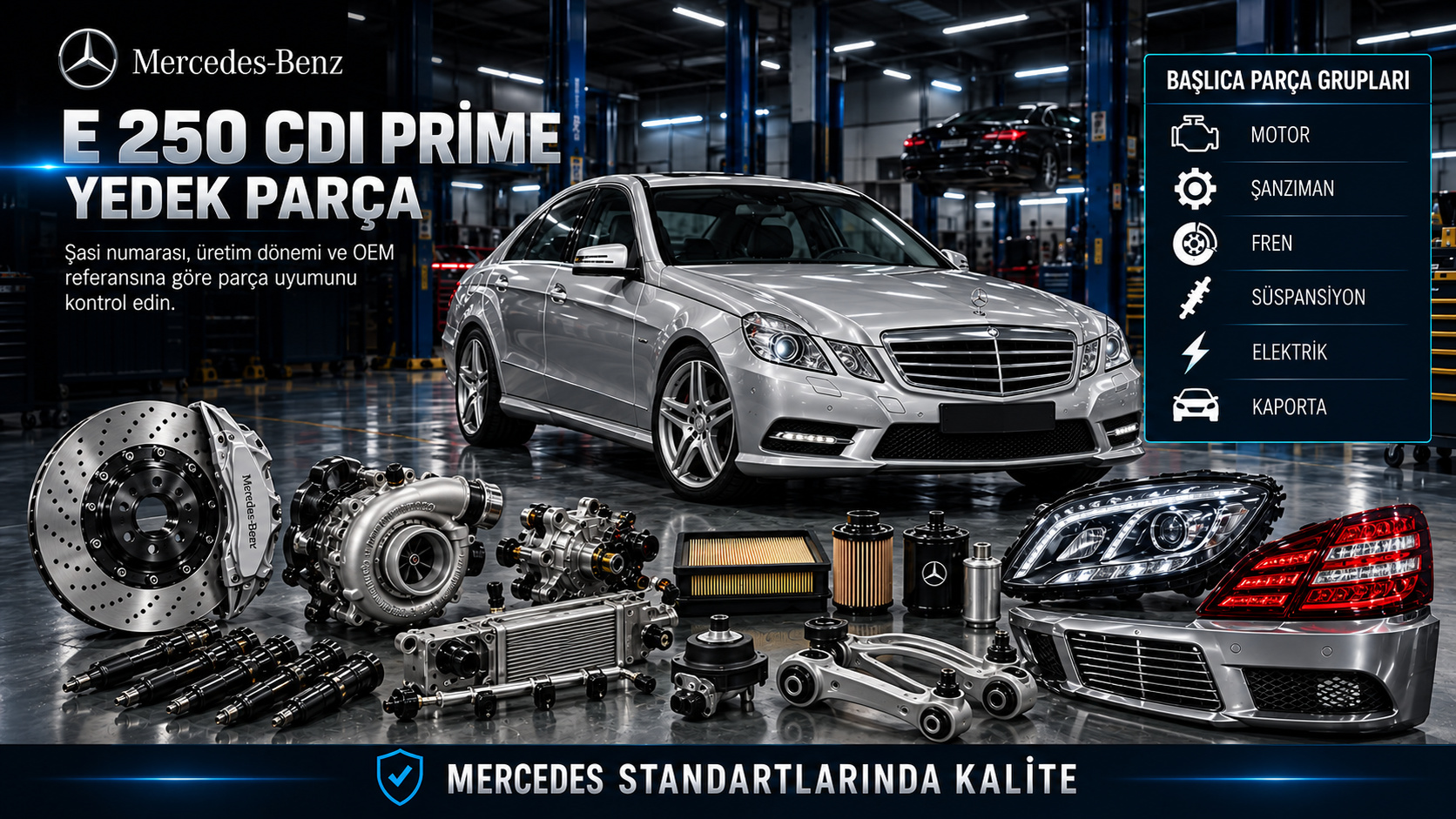 Mercedes E 250 CDI Prime dizel yakıt, şanzıman, fren ve gövde parçaları