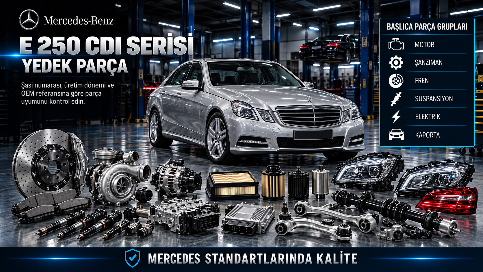 Mercedes E 250 CDI Serisi dizel motor, enjeksiyon, turbo, fren, süspansiyon ve elektrik parçaları
