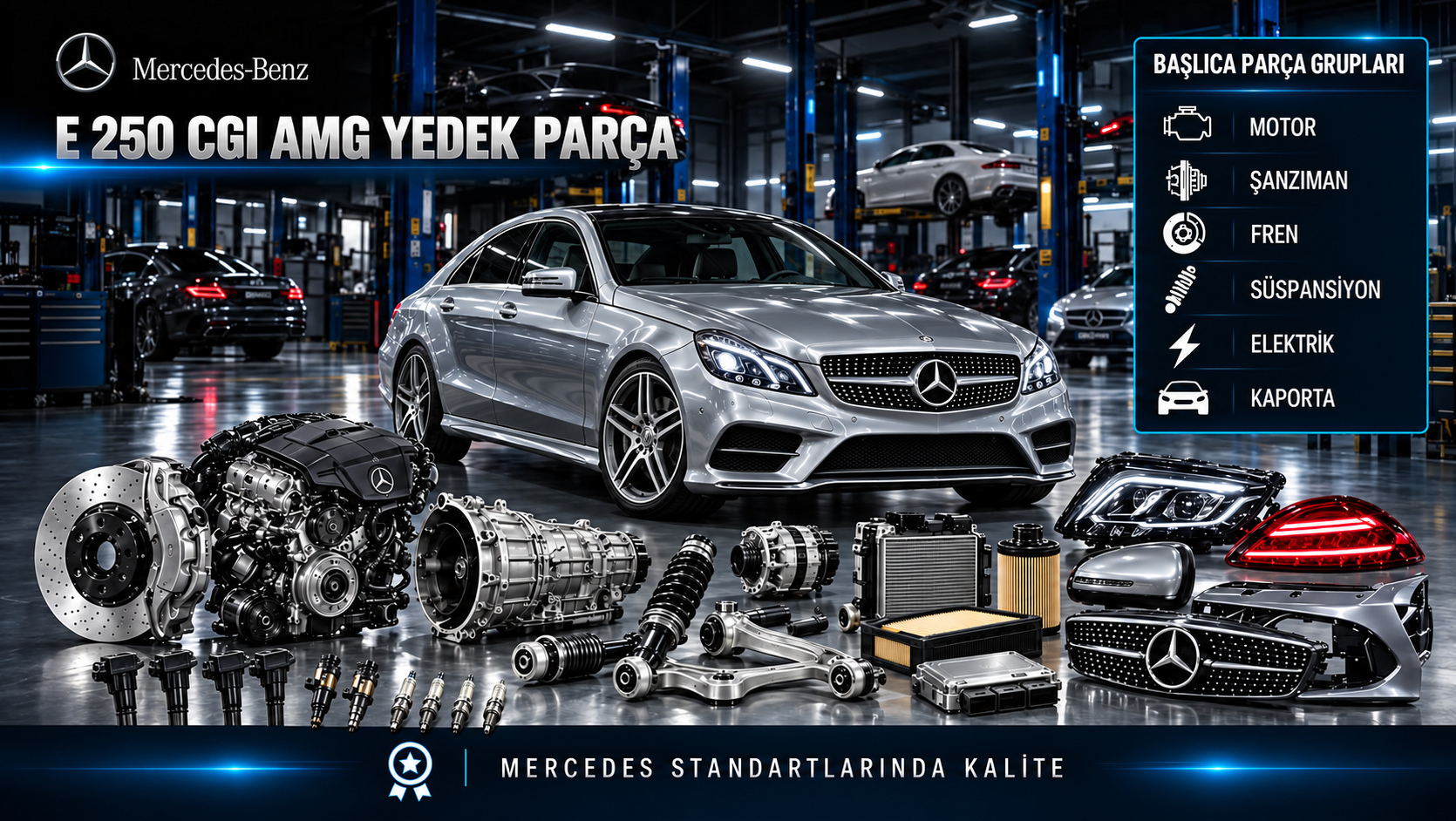 Mercedes-Benz E 250 CGI AMG için benzinli motor, yakıt enjeksiyonu, ateşleme, bakım ve AMG gövde parçalarını gösteren kategori görseli