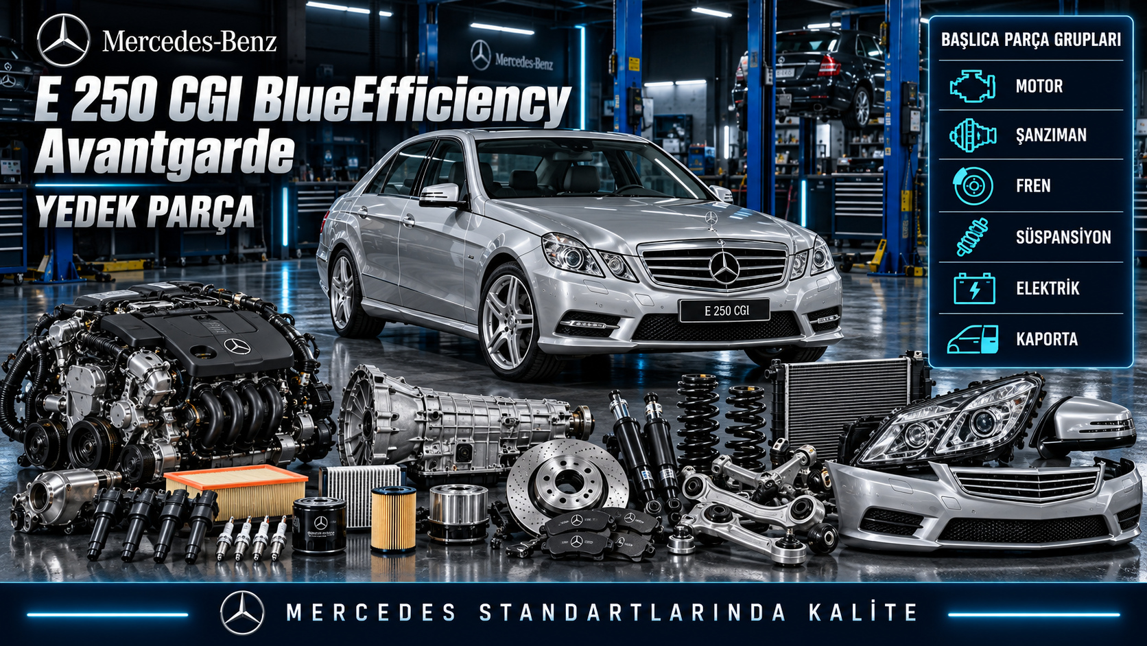 Mercedes E 250 CGI BlueEfficiency Avantgarde motor, ateşleme, fren ve gövde parçaları