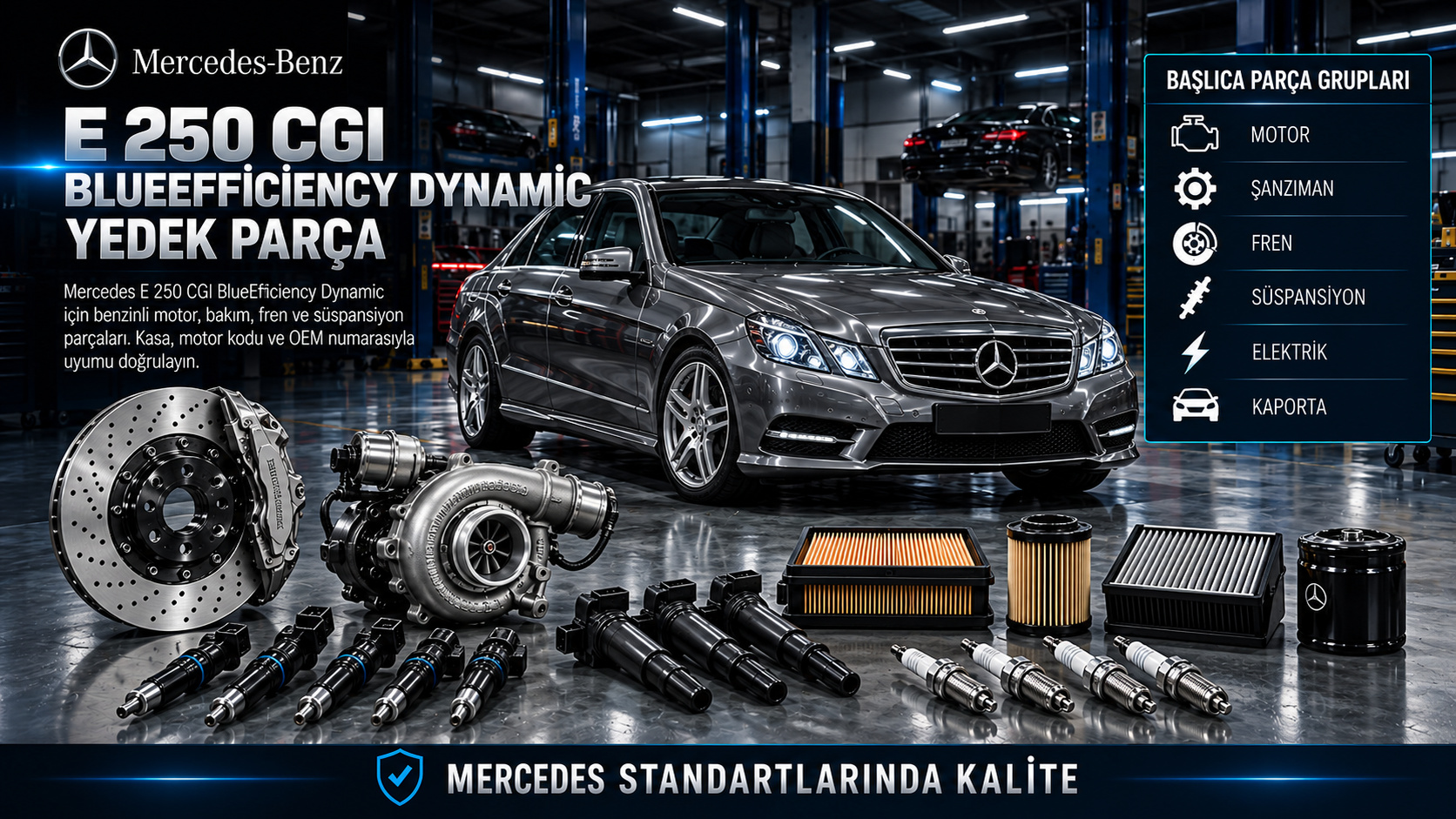 Mercedes-Benz E 250 CGI BlueEfficiency Dynamic benzinli motor, ateşleme, bakım, fren ve süspansiyon parçaları