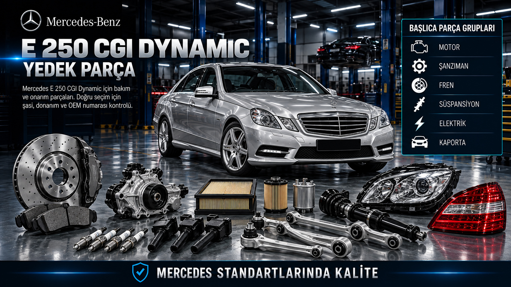 Mercedes E 250 CGI Dynamic benzinli motor, buji, bobin, fren, süspansiyon ve kaporta parçaları